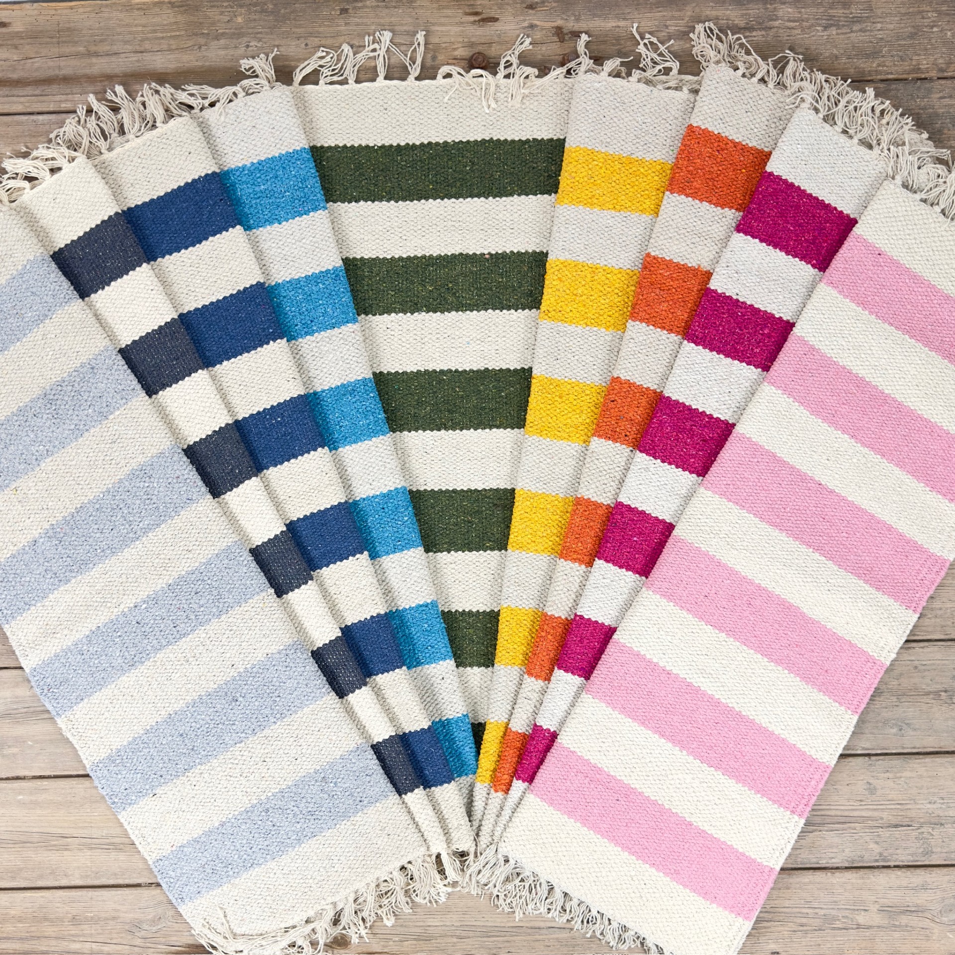 Colourful nautical large stripe rectangle shaped recycled cotton rug in 2 sizes